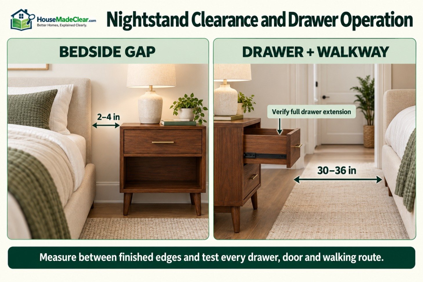 Bedside gap, open-drawer space and walking clearance around a nightstand