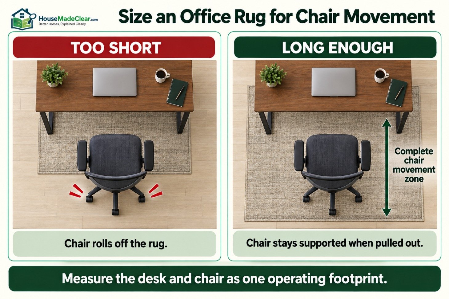 Home-office rug comparison showing whether a desk chair remains supported when pulled out