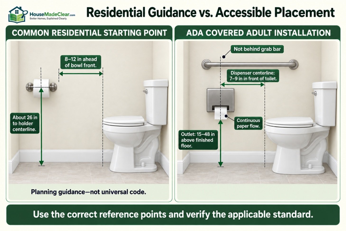 Residential toilet paper holder placement compared with ADA adult dispenser reference points