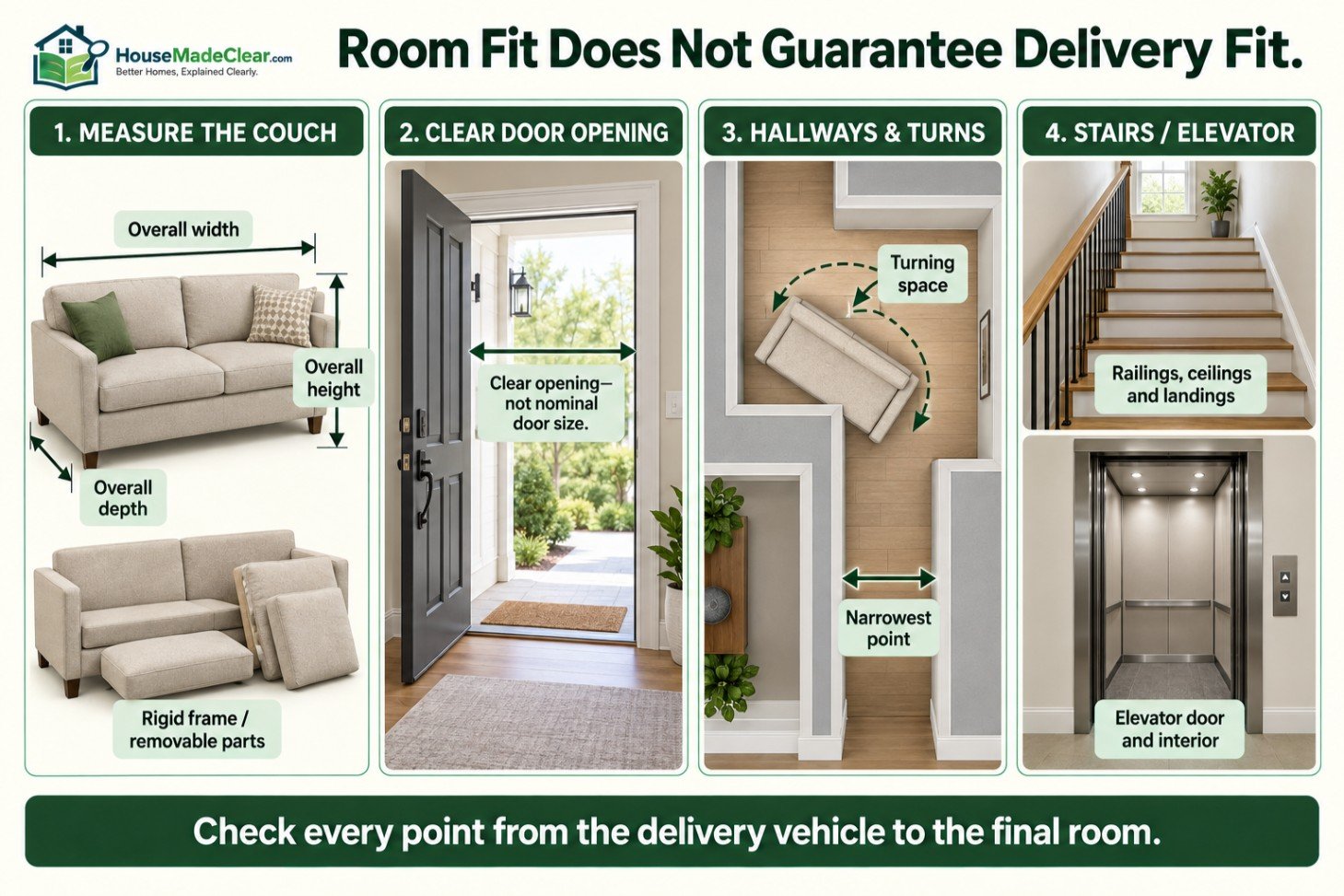 Couch-delivery checklist covering sofa dimensions, clear door opening, hallway turns, stairs, landings and elevators