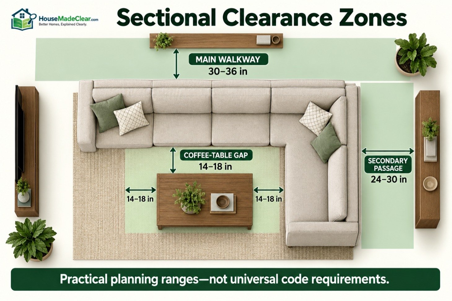 L-shaped sectional plan showing coffee-table clearance, main walkway and secondary passage ranges