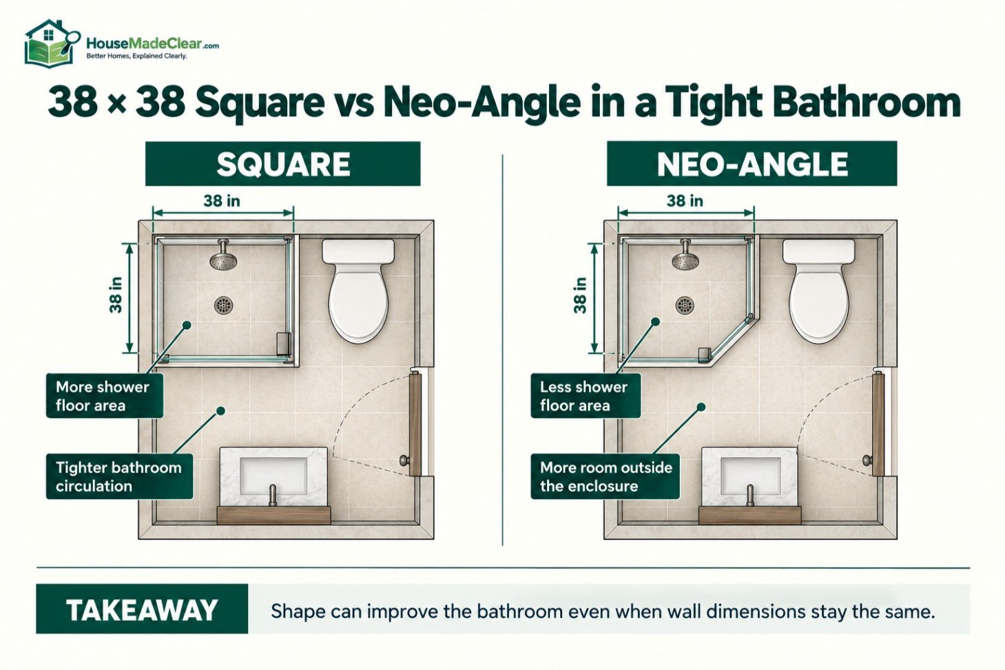 A 38×38 square shower compared with a neo-angle shower in the same compact bathroom