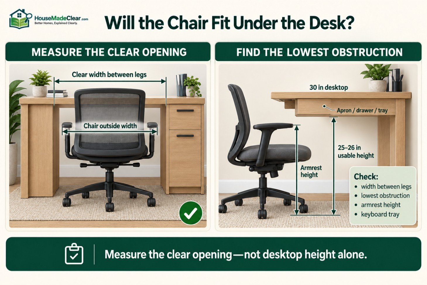 Measuring desk opening width, lowest obstruction and armrest clearance for an office chair