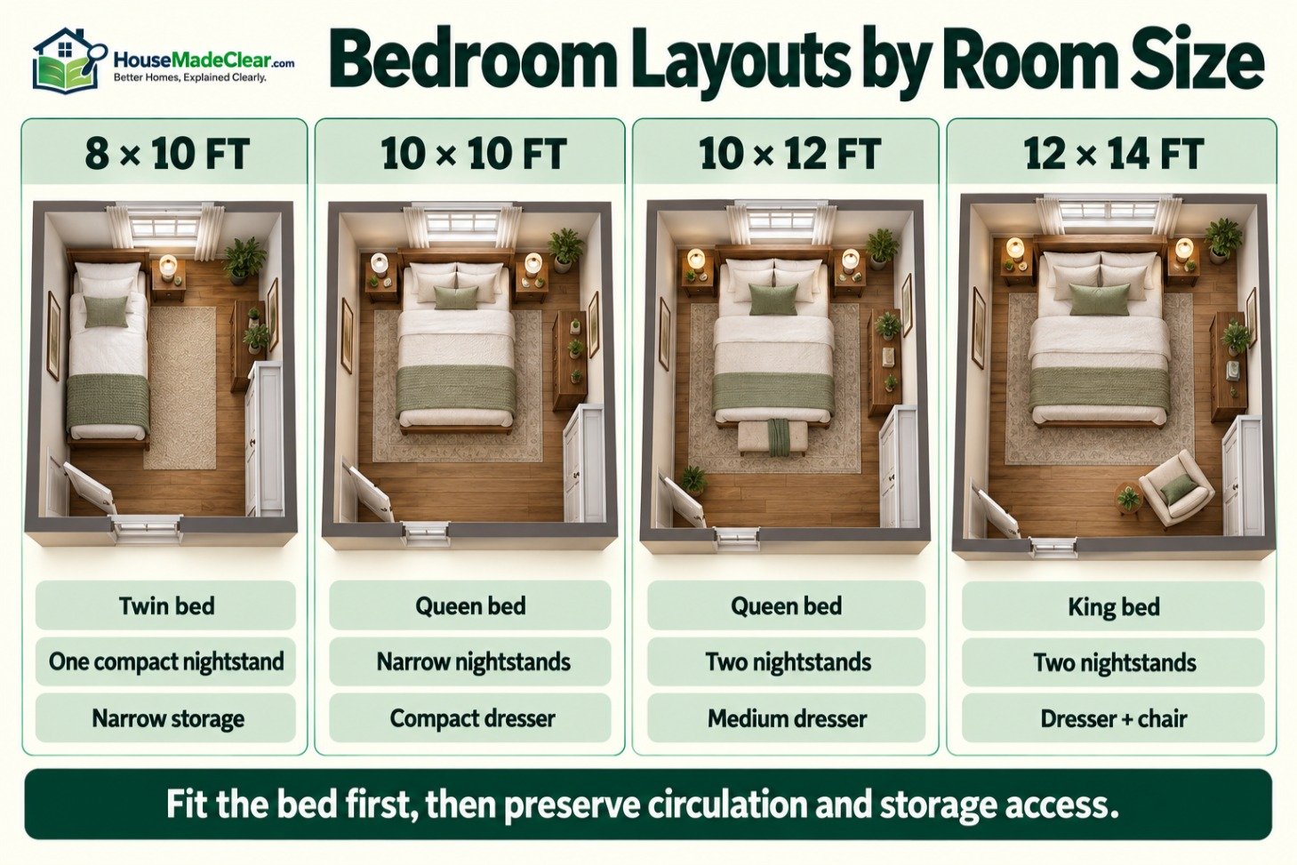 Furniture layouts for 8 by 10, 10 by 10, 10 by 12 and 12 by 14 foot bedrooms