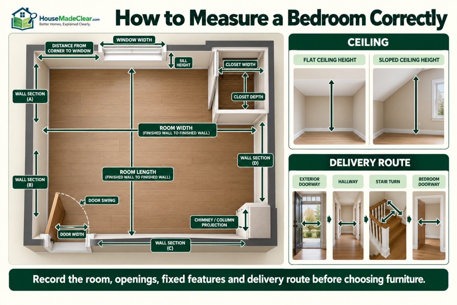 Bedroom measurement plan covering finished walls, openings, ceiling height and the delivery route