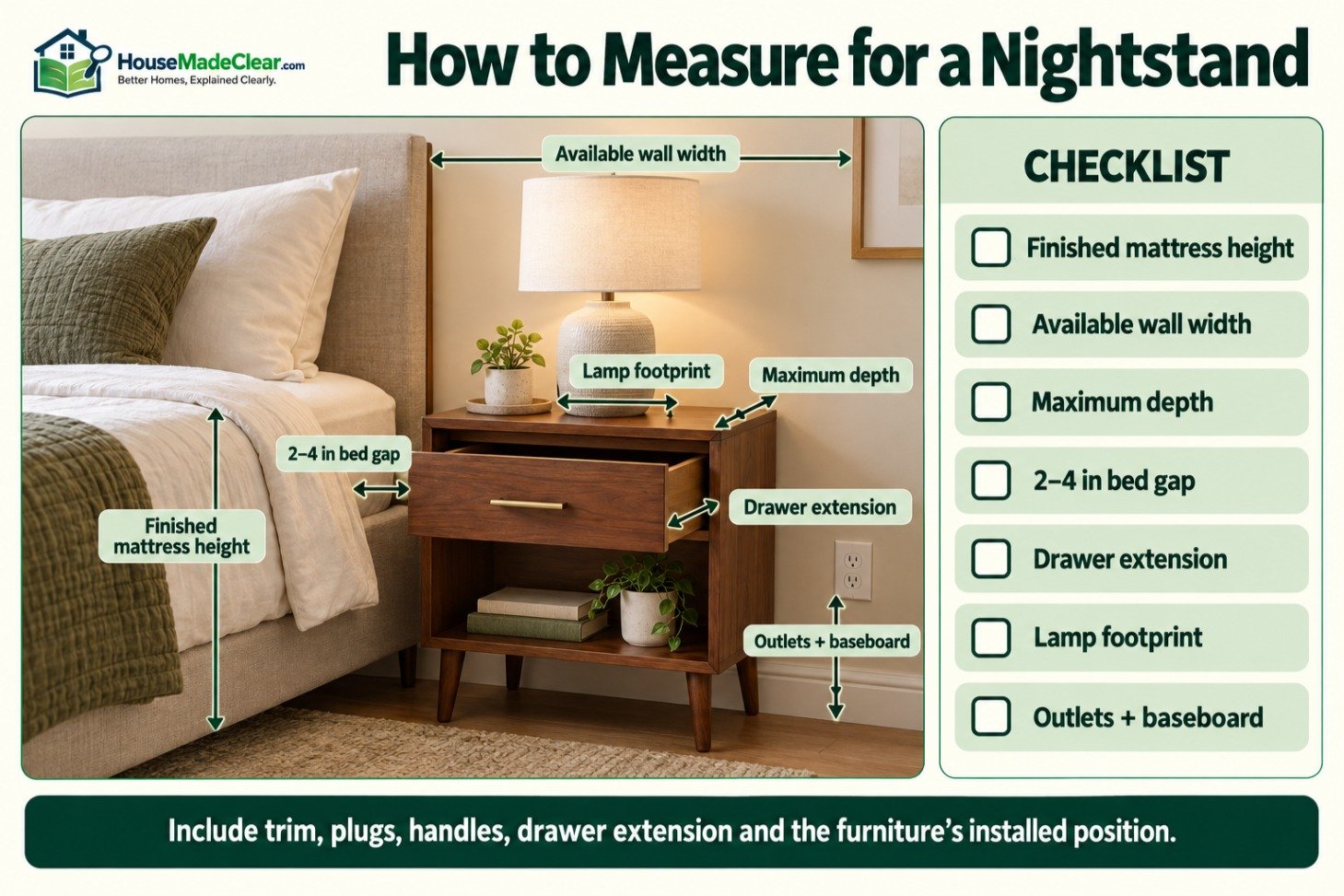 Measuring mattress height, wall width, depth, bed gap and lamp footprint for a nightstand