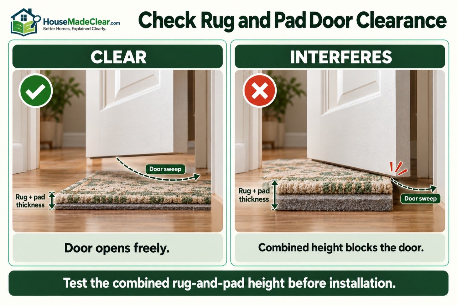Door-clearance comparison showing how combined rug and pad thickness can interfere with the door sweep