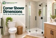Corner Shower Dimensions: 32×32, 36×36, 38×38 & Larger Sizes Corner Shower Dimensions: Neo-angle glass corner shower installed beside a toilet and vanity in a compact bathroom