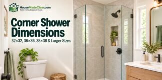 Corner Shower Dimensions: 32×32, 36×36, 38×38 & Larger Sizes Corner Shower Dimensions: Neo-angle glass corner shower installed beside a toilet and vanity in a compact bathroom
