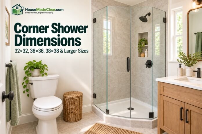 Corner Shower Dimensions Corner Shower Dimensions: Neo-angle glass corner shower installed beside a toilet and vanity in a compact bathroom