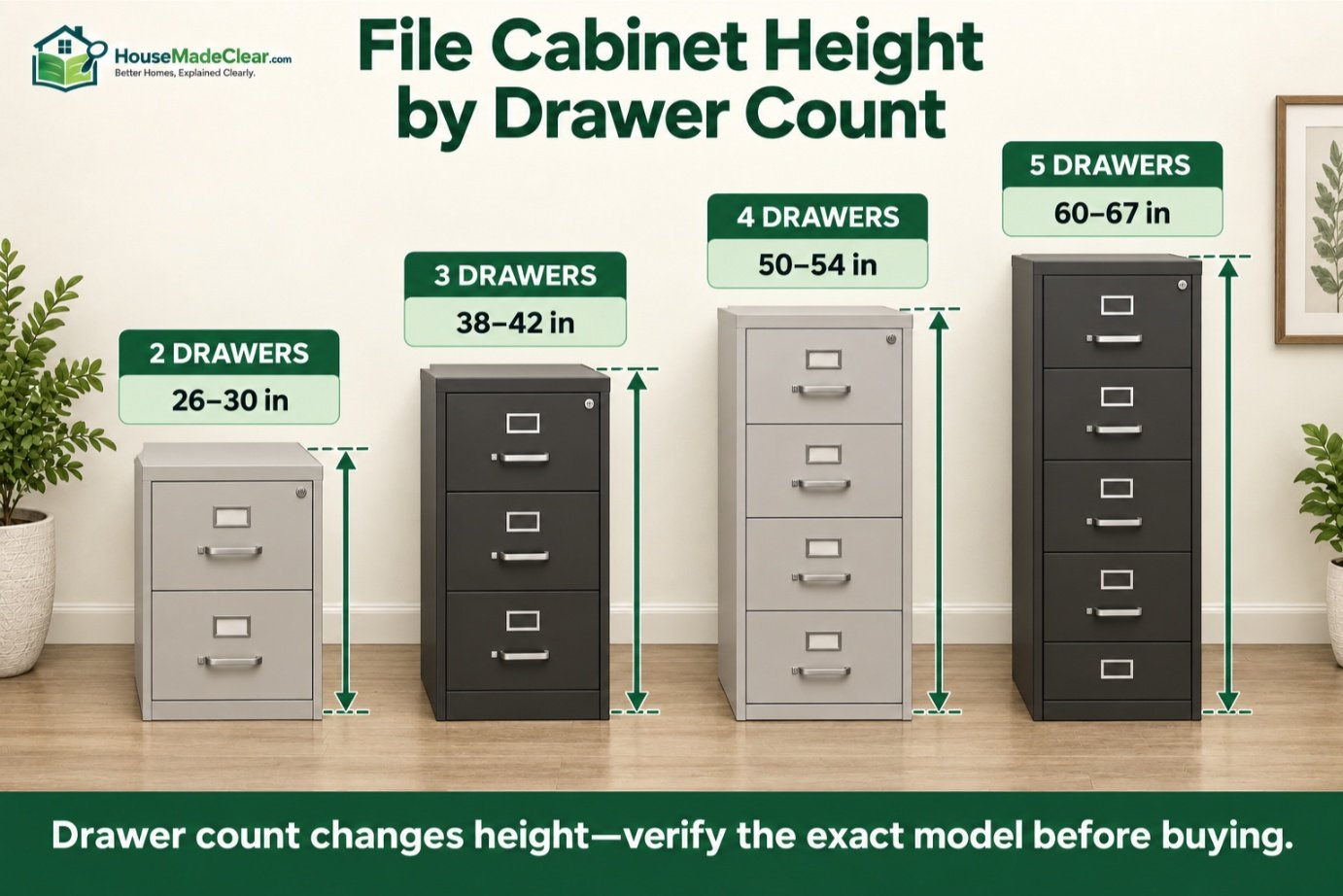 File cabinet height ranges for two-, three-, four- and five-drawer cabinets