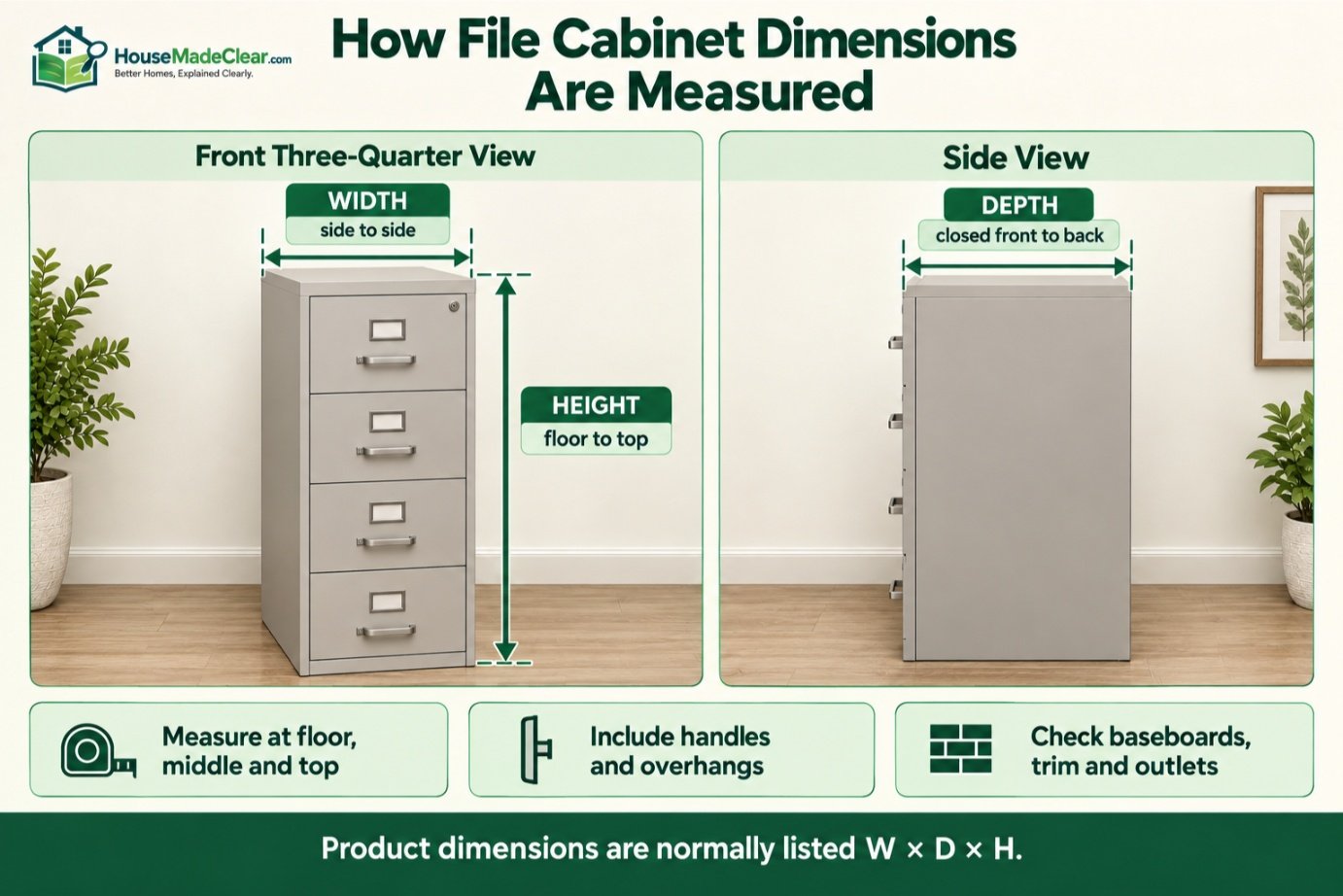 Diagram showing how file cabinet width, depth and height are measured