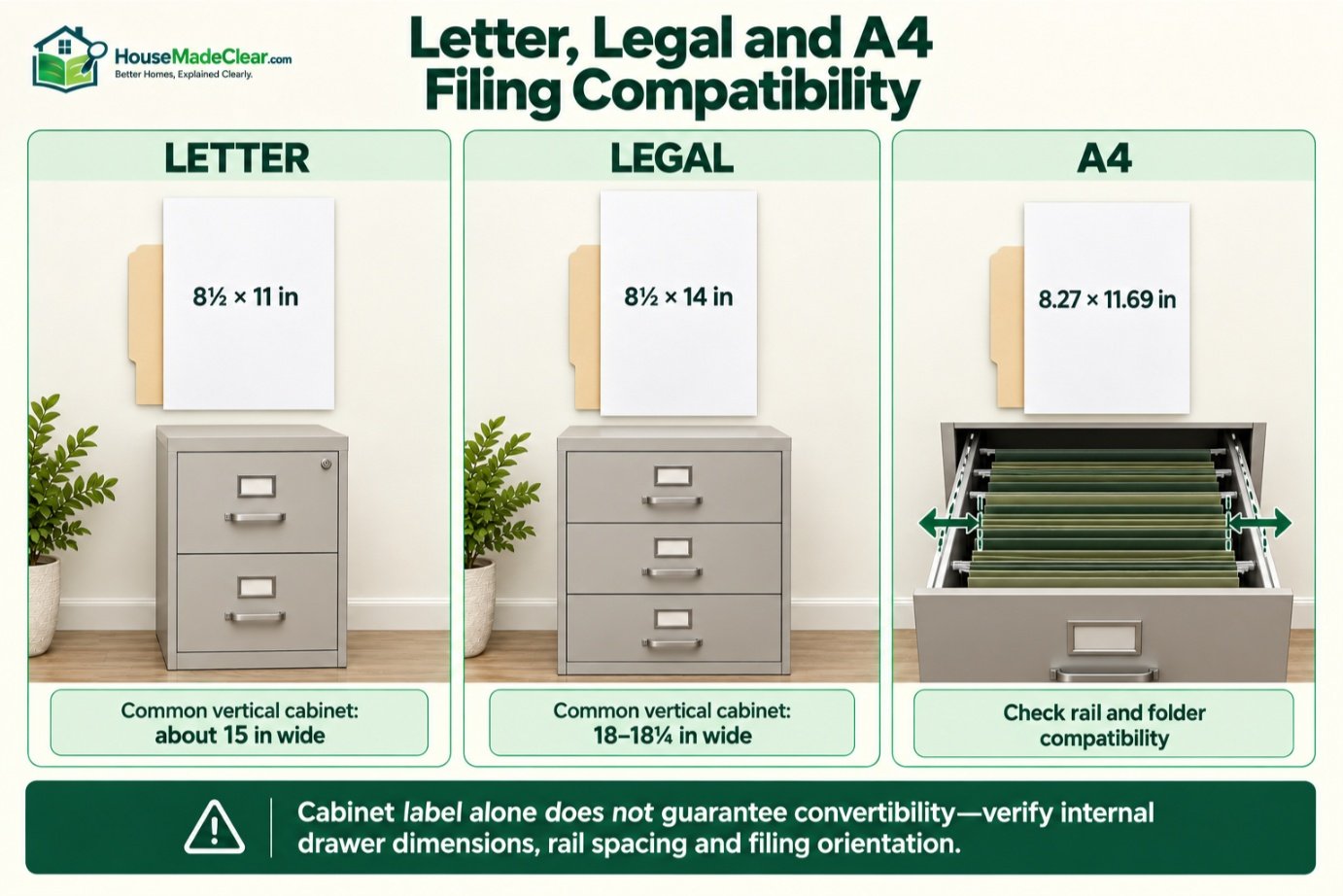 Comparison of letter, legal and A4 paper sizes and file cabinet compatibility