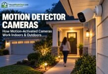 Motion Detector Cameras: How Motion-Activated Security Cameras Work Indoors & Outdoors Outdoor motion detector cameras monitoring a visitor approaching a home entrance at dusk