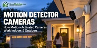 Motion Detector Cameras: How Motion-Activated Security Cameras Work Indoors & Outdoors Outdoor motion detector cameras monitoring a visitor approaching a home entrance at dusk