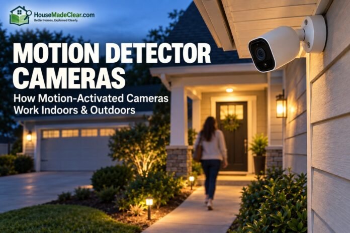 Motion Detector Camera Outdoor motion detector cameras monitoring a visitor approaching a home entrance at dusk
