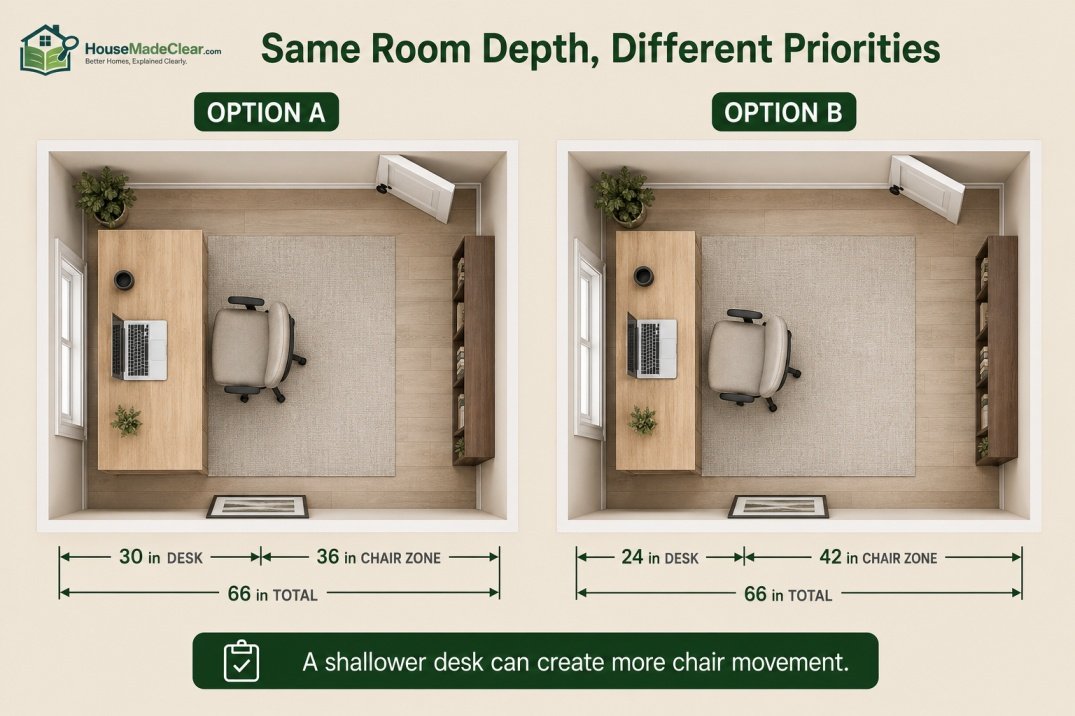 Comparison of a 30-inch desk with 36-inch chair clearance and a 24-inch desk with 42-inch clearance