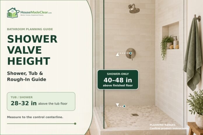 Shower valve height guide showing a 40–48-inch shower-only planning range and a 28–32-inch tub/shower planning range