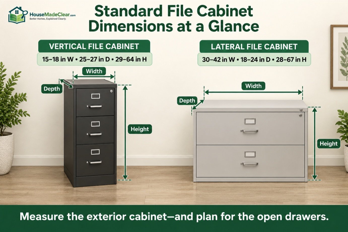 Comparison of vertical and lateral file cabinet footprints and filing orientation