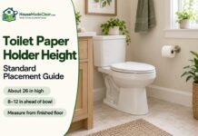 Toilet Paper Holder Height: Standard Placement Guide Toilet paper holder mounted beside a toilet with common residential placement guidance