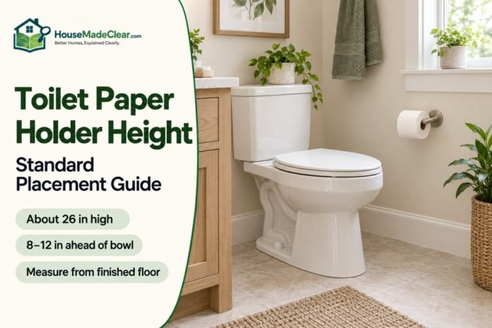 Toilet Paper Holder Toilet paper holder mounted beside a toilet with common residential placement guidance