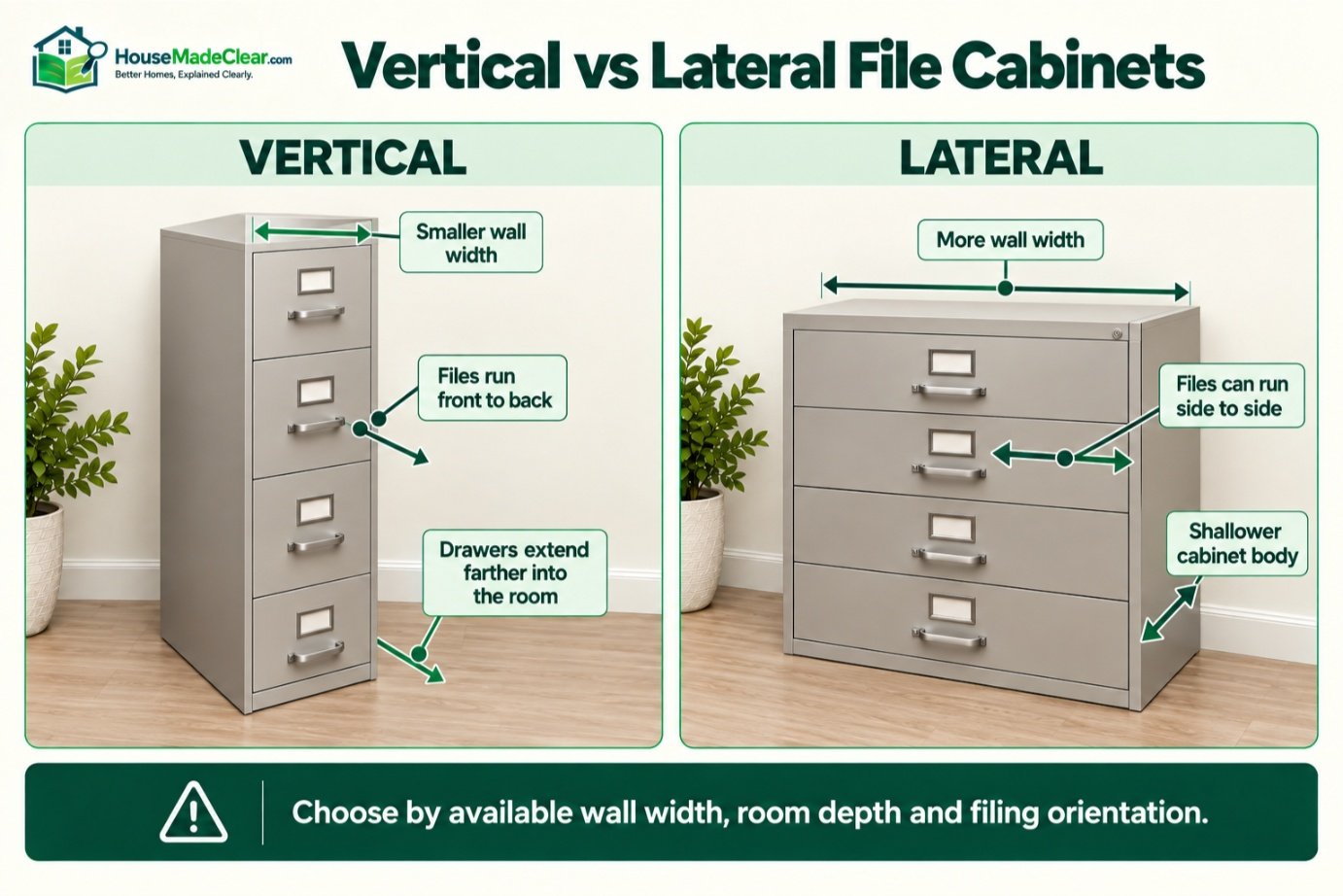 File cabinet clearance diagram comparing user access with a pass-behind walkway