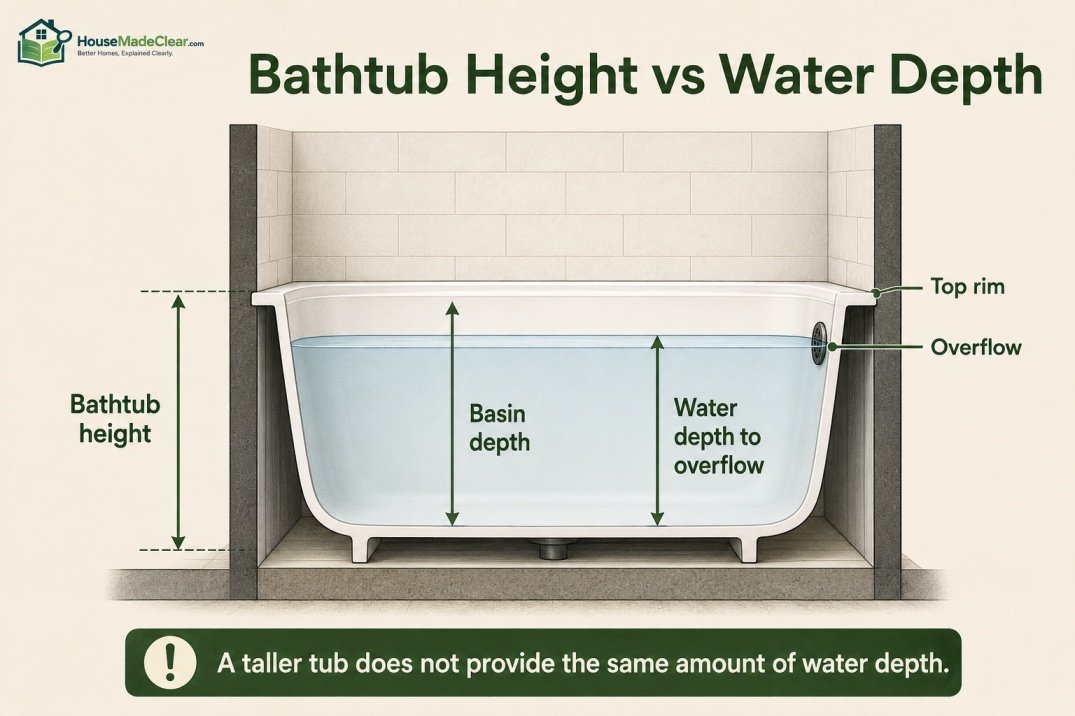 Diagram comparing bathtub height, basin depth and water depth to the overflow