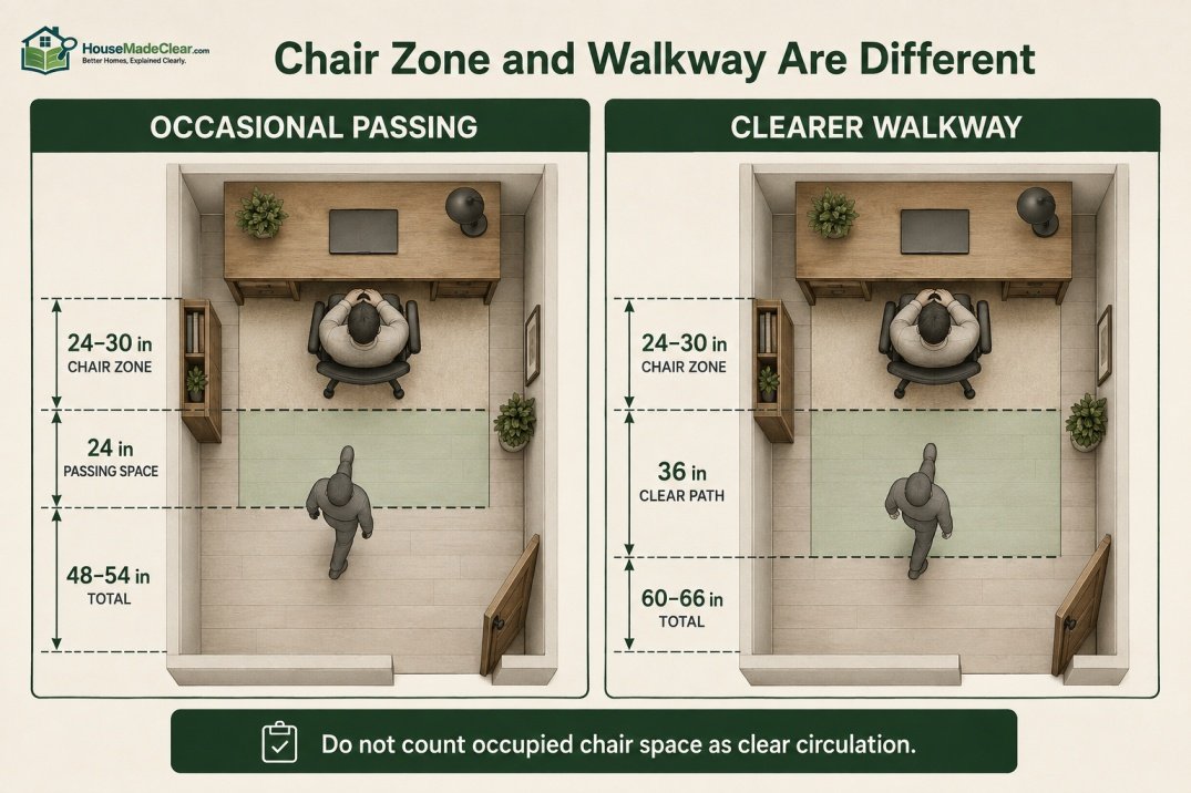 Difference between an occupied chair zone and a separate walkway behind a desk
