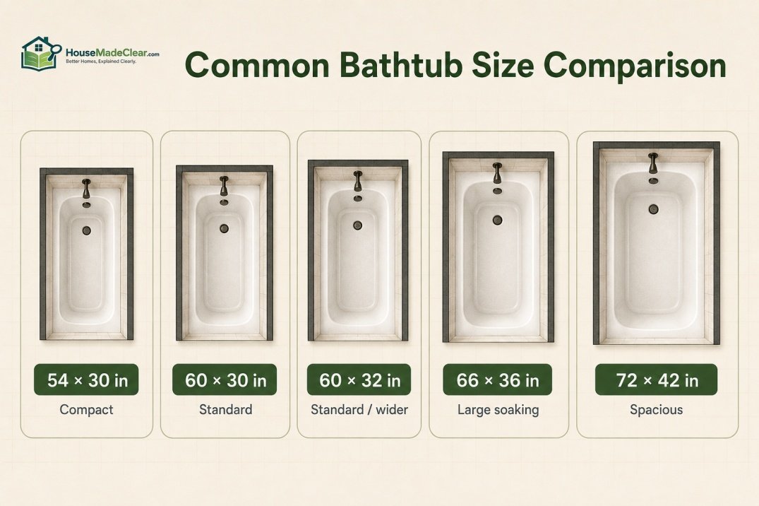 Comparison of common bathtub sizes from 54 × 30 to 72 × 42 inches