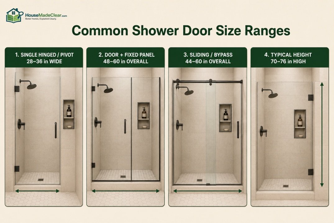 Common width and height ranges for hinged, pivot, sliding and fixed-panel shower doors
