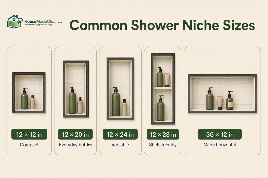 Comparison of common vertical and horizontal shower niche sizes