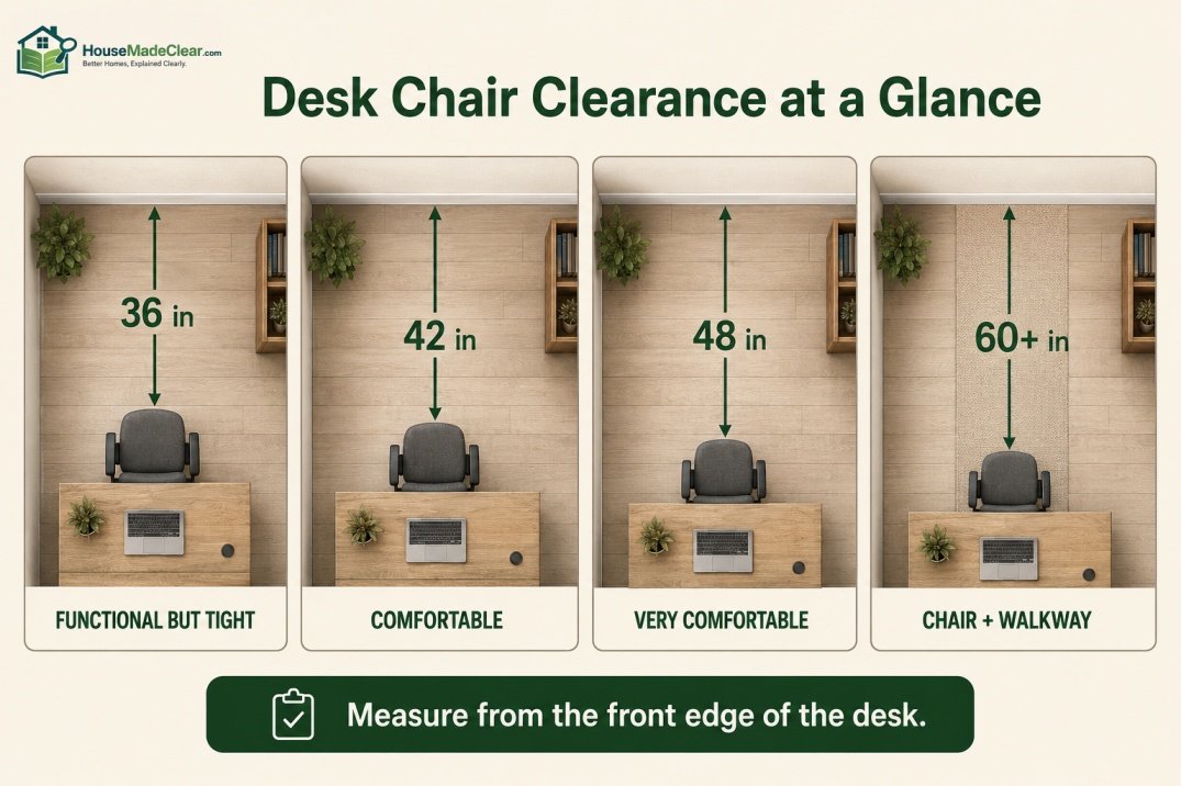 Home-office diagram comparing 36, 42, 48 and 60-plus inches of clearance behind a desk chair