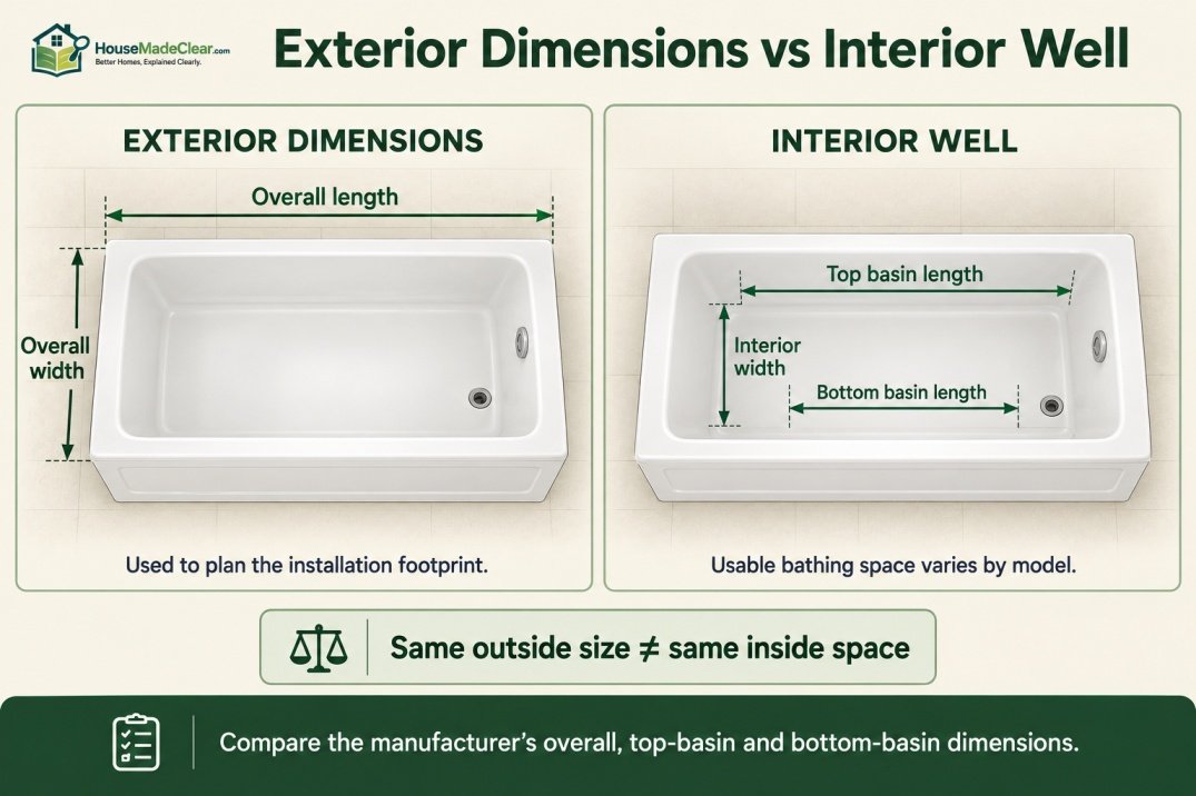 Tub Length: Exterior vs Interior: Bathtub diagram comparing overall exterior dimensions with top-basin, bottom-basin and interior-well measurements