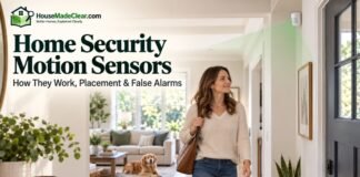 Home Security Motion Sensors: How They Work, Placement & False Alarms Home security motion sensor monitoring a homeowner and dog moving through an entry hallway