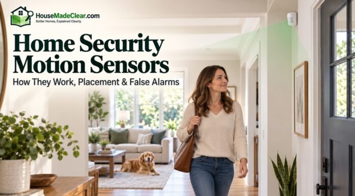 Home Security Motion Sensors: How They Work, Placement & False Alarms Home security motion sensor monitoring a homeowner and dog moving through an entry hallway