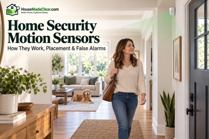 home-security-motion-sensors Home security motion sensor monitoring a homeowner and dog moving through an entry hallway