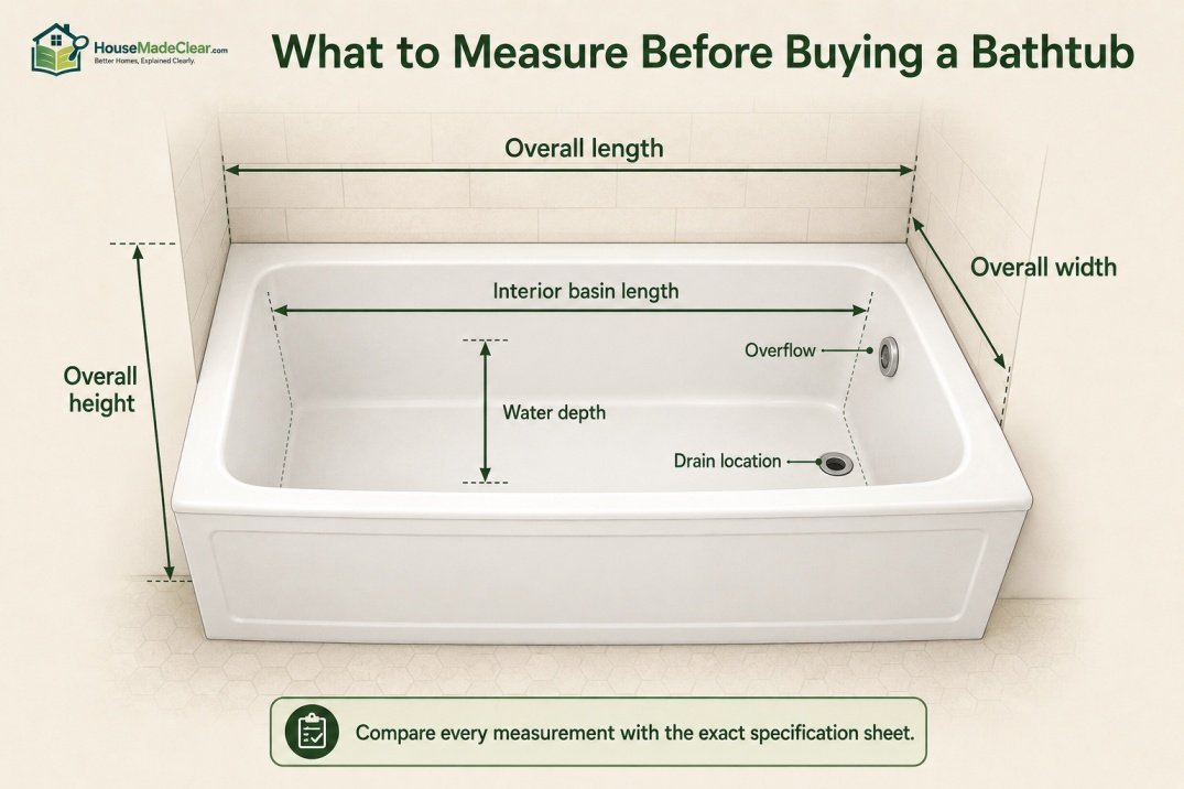 Bathtub diagram showing length, width, height, basin, drain and overflow measurements