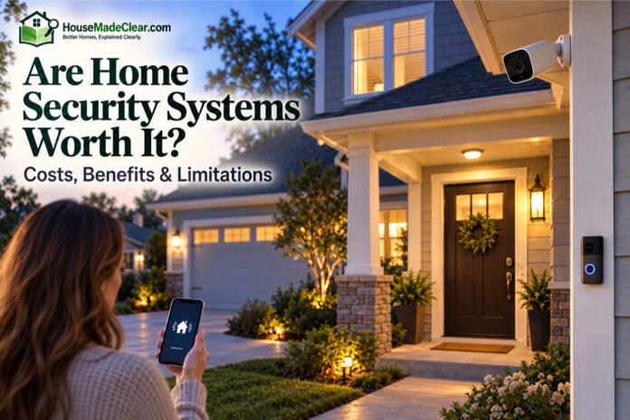 is home security worth it Are Home Security Systems Worth It?Homeowner checking a home security system outside a protected house at dusk