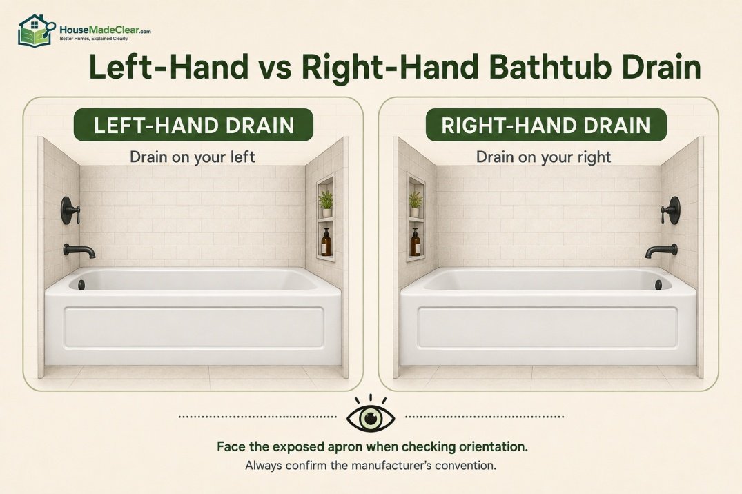 Left-hand and right-hand bathtub drain orientation viewed from the exposed apron