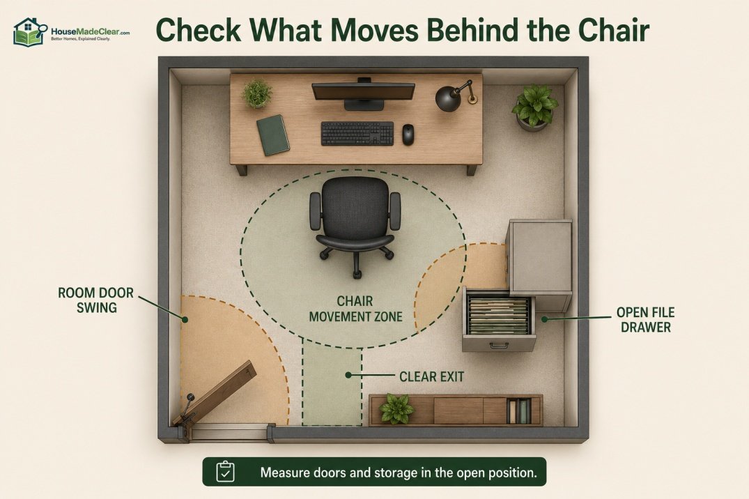 Home-office floor plan showing chair movement conflicts with a door swing and open filing drawer