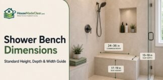 Shower Bench Dimensions: Standard Height, Depth & Width Guide Standard shower bench width, depth, and height measurements in a tiled walk-in shower.