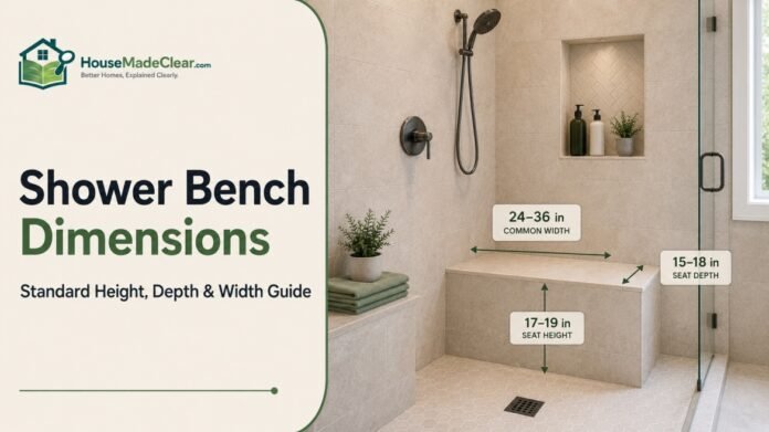 shower-bench-dimensions-featured-image Standard shower bench width, depth, and height measurements in a tiled walk-in shower.