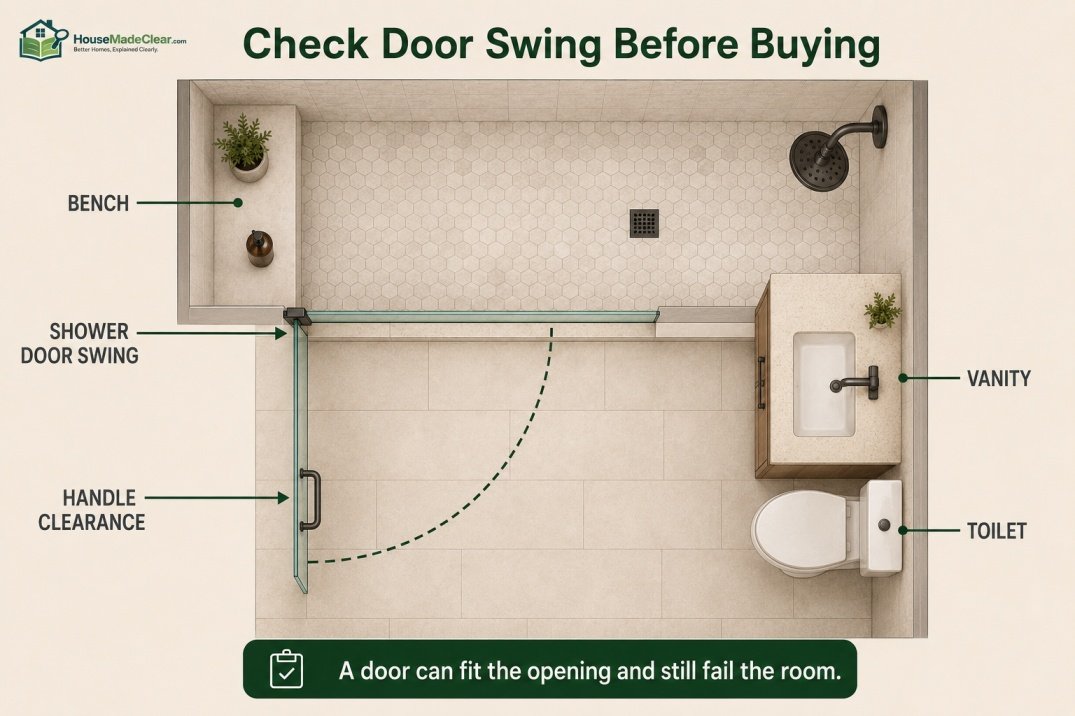 Standard shower-door system width, walk-through opening and typical glass height