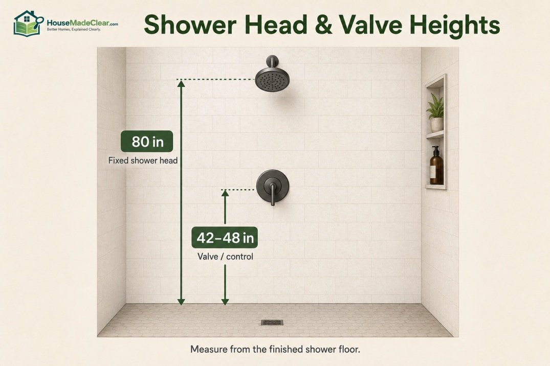 Standard shower head and valve heights measured from the finished shower floor