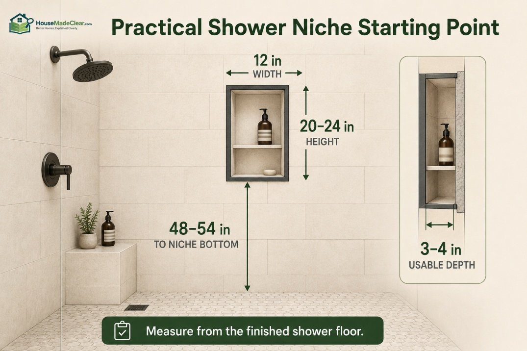 Recommended shower niche height, width, opening height and usable depth
