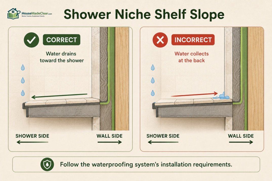 Shower niche placement under direct spray compared with an adjacent side wall