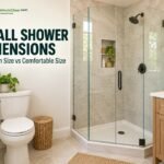 Small Shower Dimensions: Minimum Size vs Comfortable Size Small Shower Dimensions: Compact bathroom with a glass-enclosed small shower beside a toilet and vanity
