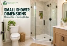 Small Shower Dimensions: Minimum Size vs Comfortable Size Small Shower Dimensions: Compact bathroom with a glass-enclosed small shower beside a toilet and vanity