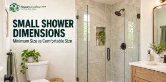 Small Shower Dimensions: Minimum Size vs Comfortable Size Small Shower Dimensions: Compact bathroom with a glass-enclosed small shower beside a toilet and vanity