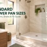 Standard Shower Pan Sizes & Dimensions: Shower Base Size Guide Modern walk-in shower illustrating standard shower-pan sizes, drains and installation fit